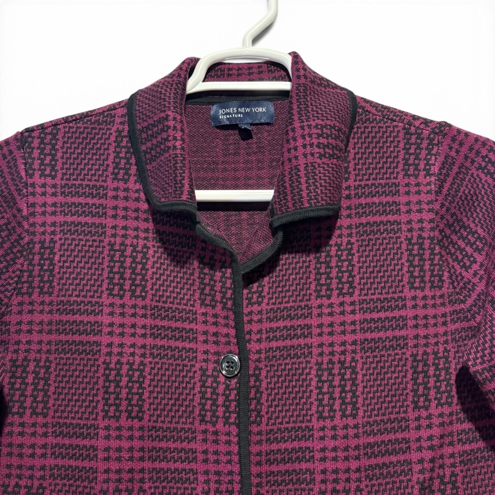 Jones New York Signature Plaid Knit Women's Size XL Jacket Plum Purple Black